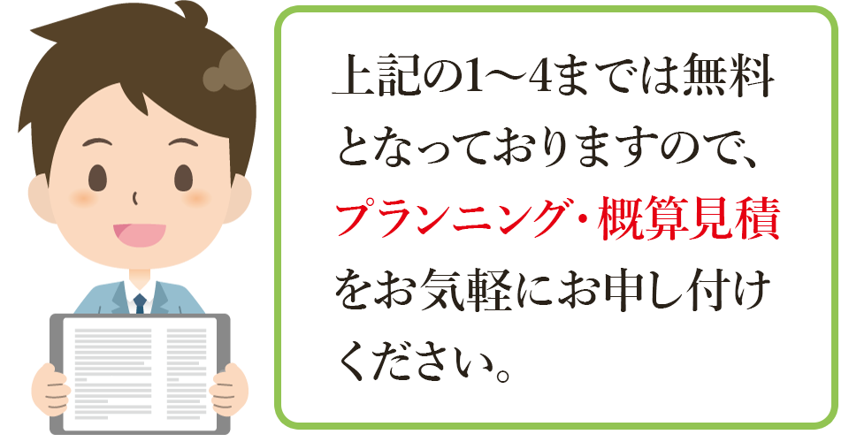 STEP1～STEP4まで無料となっております。プランニング・概算見積をお気軽にお申し付けください。